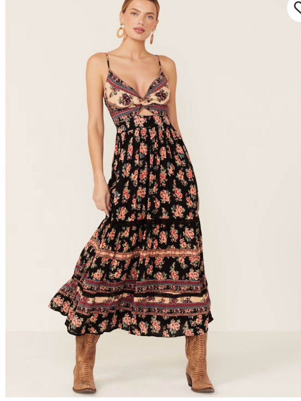 Angie Black Romantic Boho Prairie Western Dress with Pink Floral Print Summer - Picture 3 of 9
